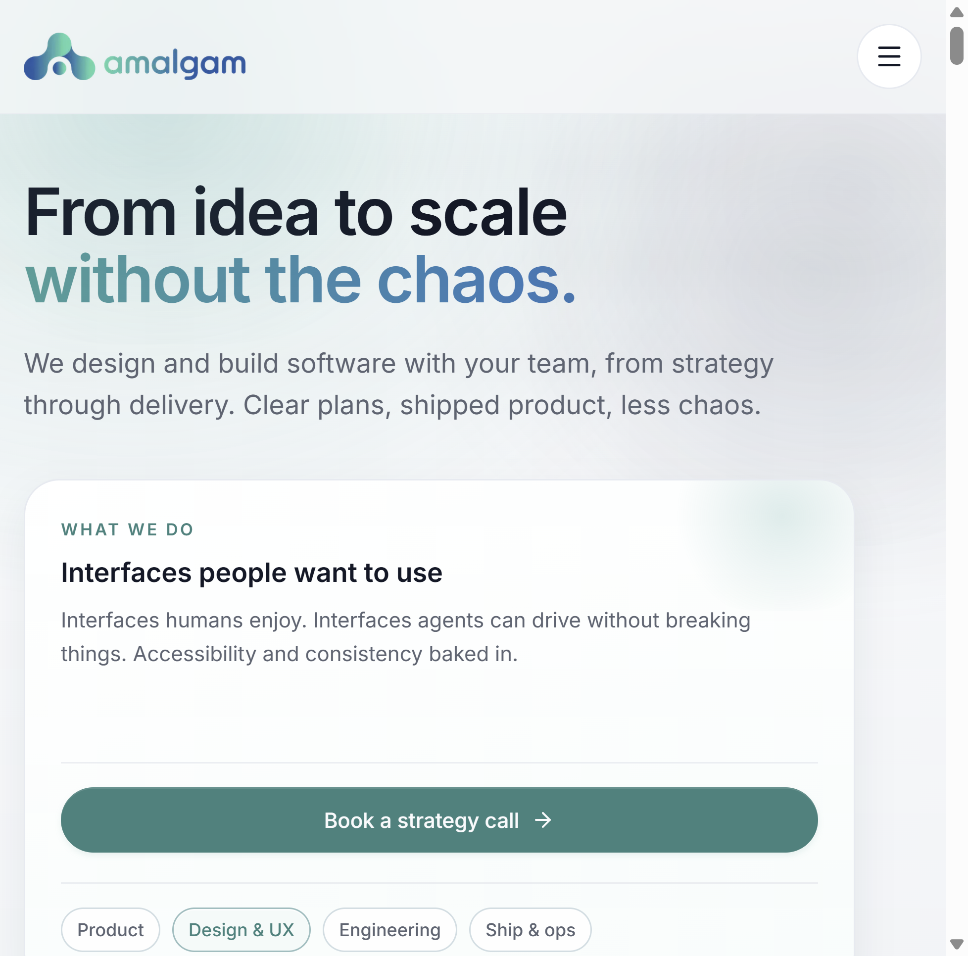 Homepage of the rebuilt amalgam-inc.com, showing the From idea to scale without the chaos hero.